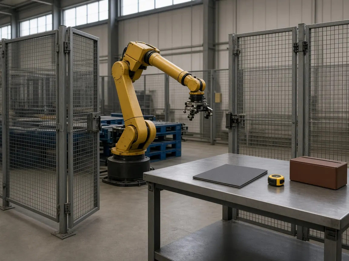 A palletizing robot inside open fencing, with a blank folder and a tape measure on a side table.