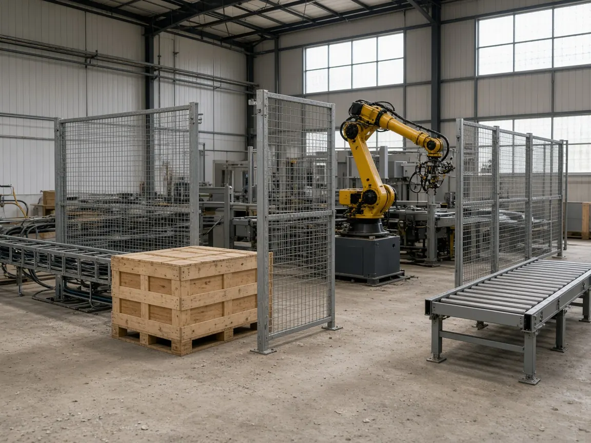 A palletizing cell during installation, with open cable trays and a partly built fence.