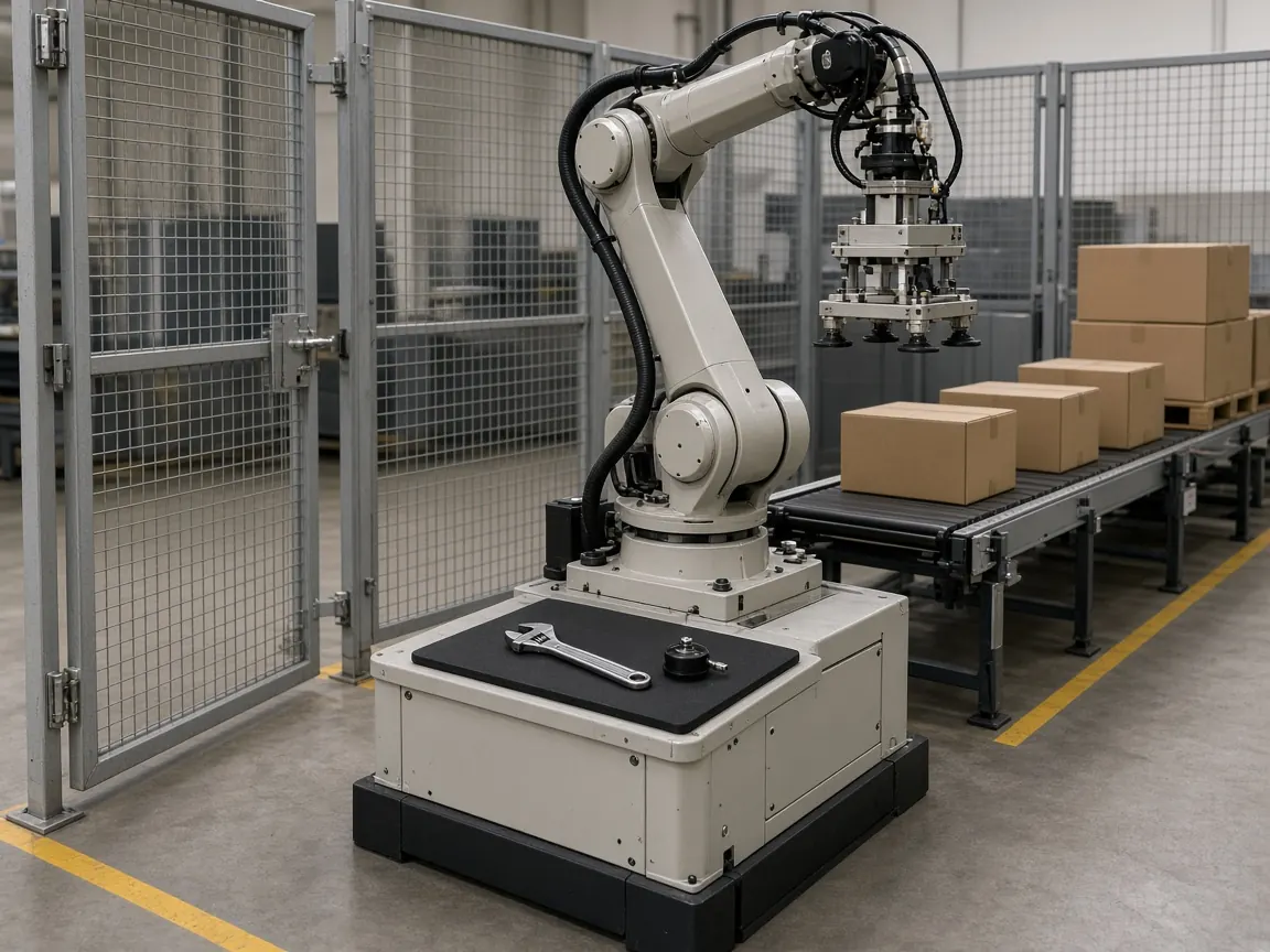 An open safety fence and a tool tray with a wrench and spare vacuum cup at a robot base.