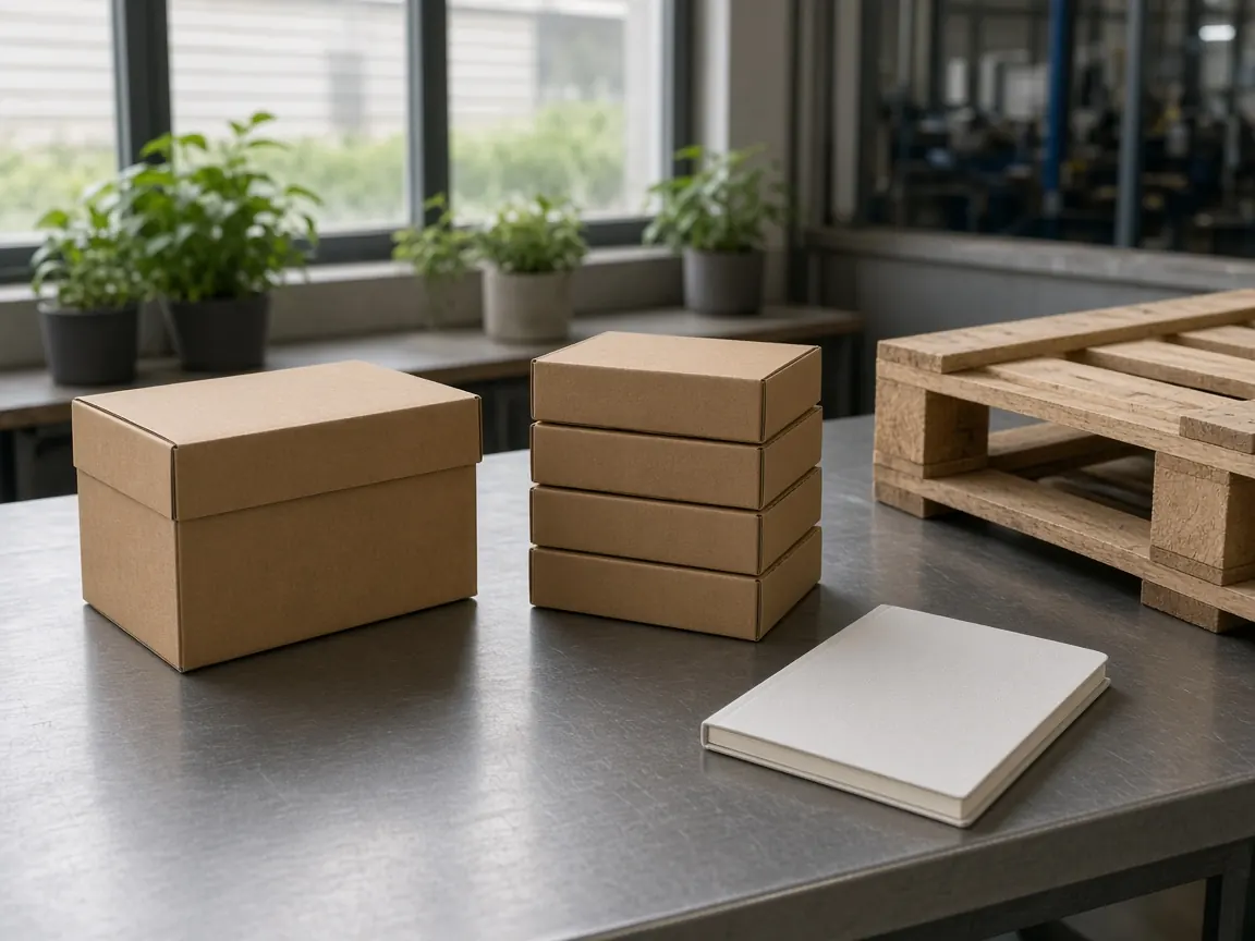 Sample shipping cases, a wooden pallet, and a blank notebook on a review table.