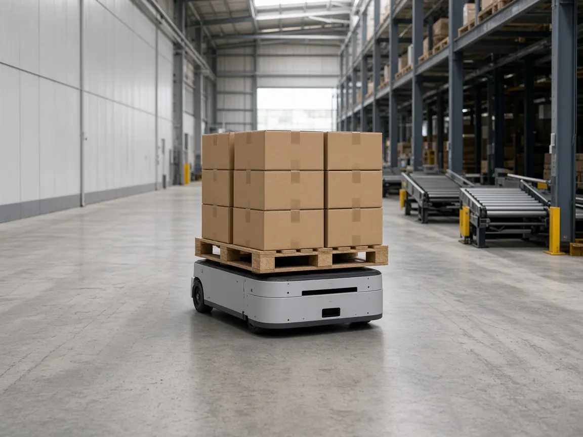 A low mobile robot carrying a pallet of plain cases down a warehouse aisle.