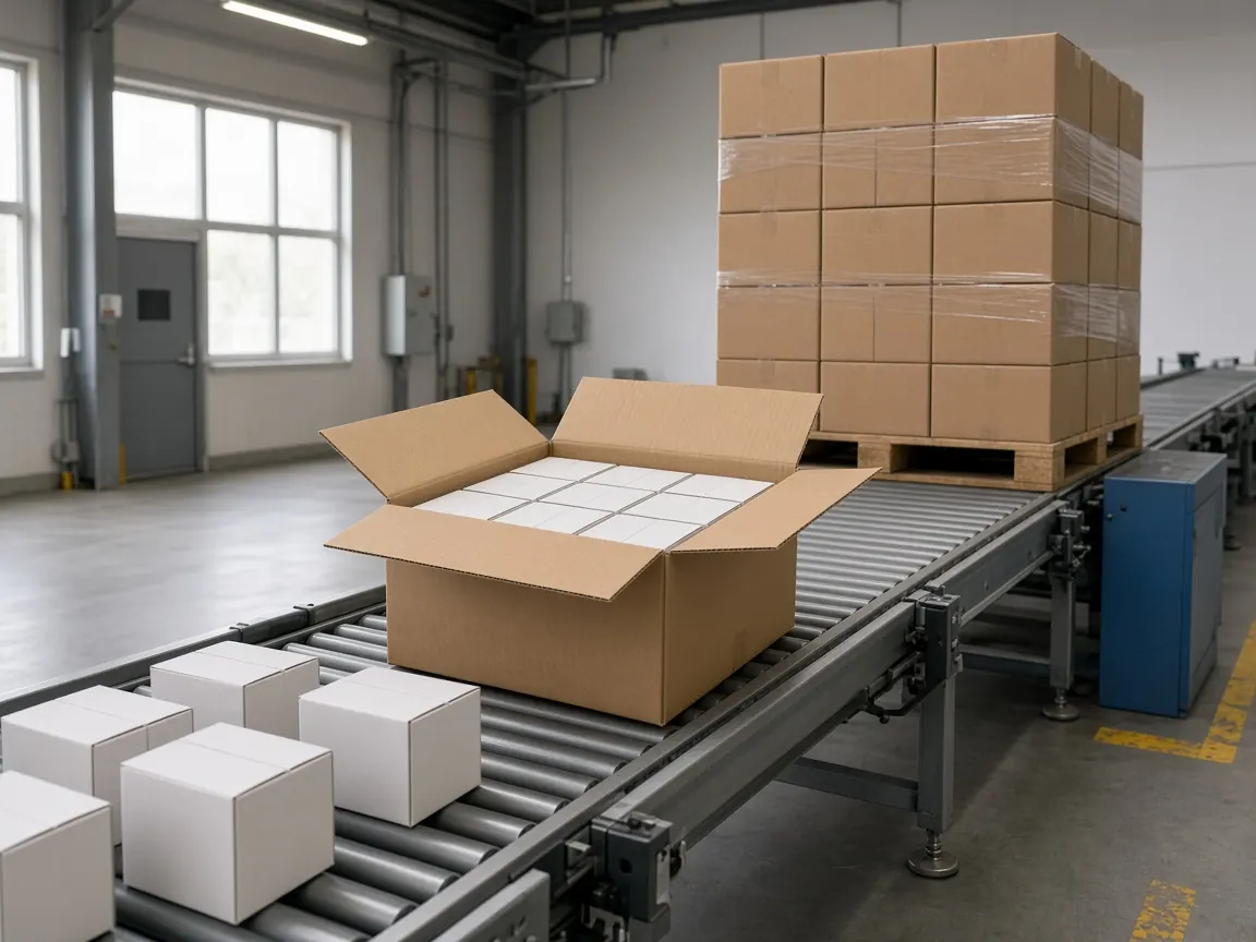 Small cartons, an open shipping case, and a wrapped pallet in one packaging room.