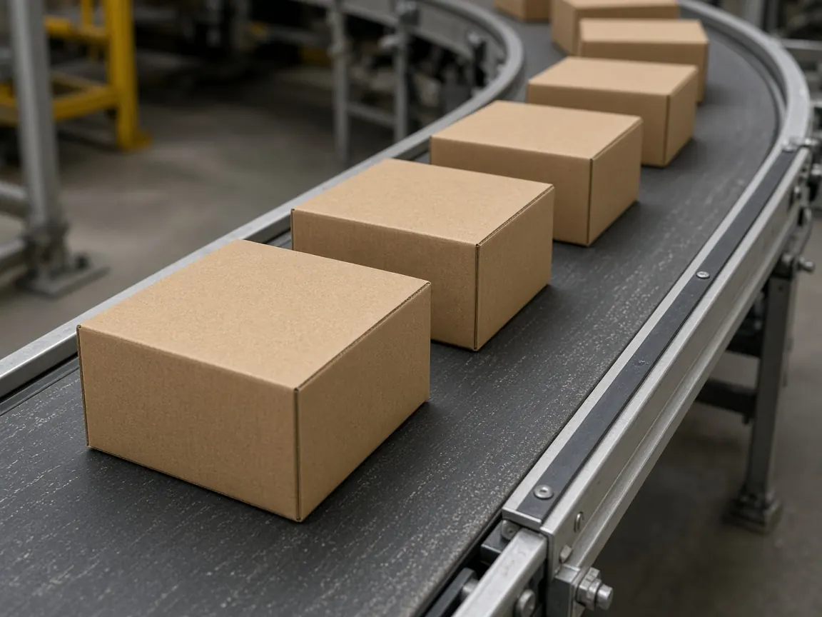 Plain cartons traveling around a curved belt conveyor.