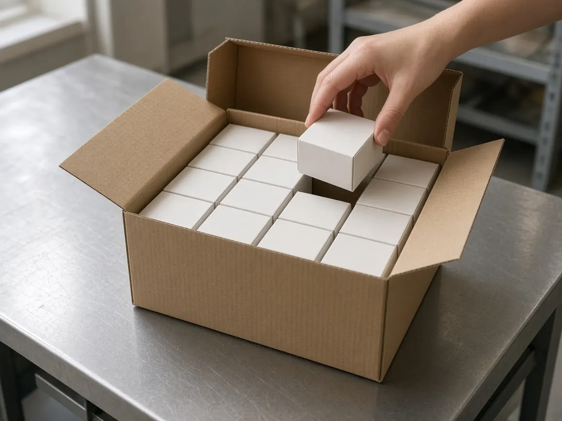 Small plain cartons being placed into a larger shipping case.