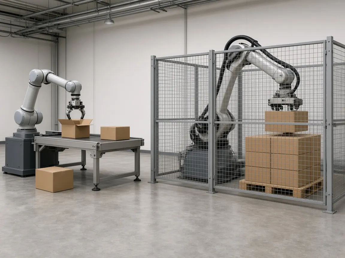 A smaller robot at an open table beside a larger robot palletizing inside a safety fence.