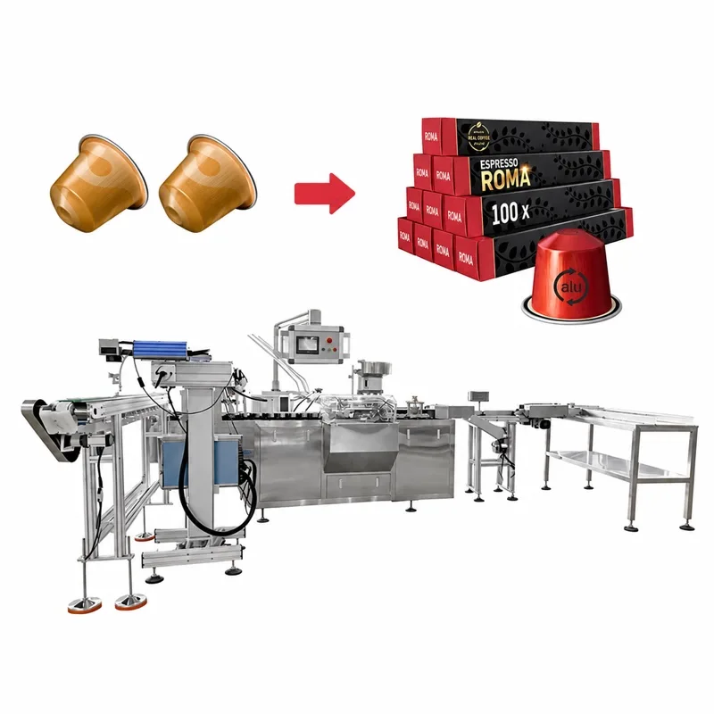 Manufacturer catalog composite showing coffee capsules, carton examples and a cartoning machine.