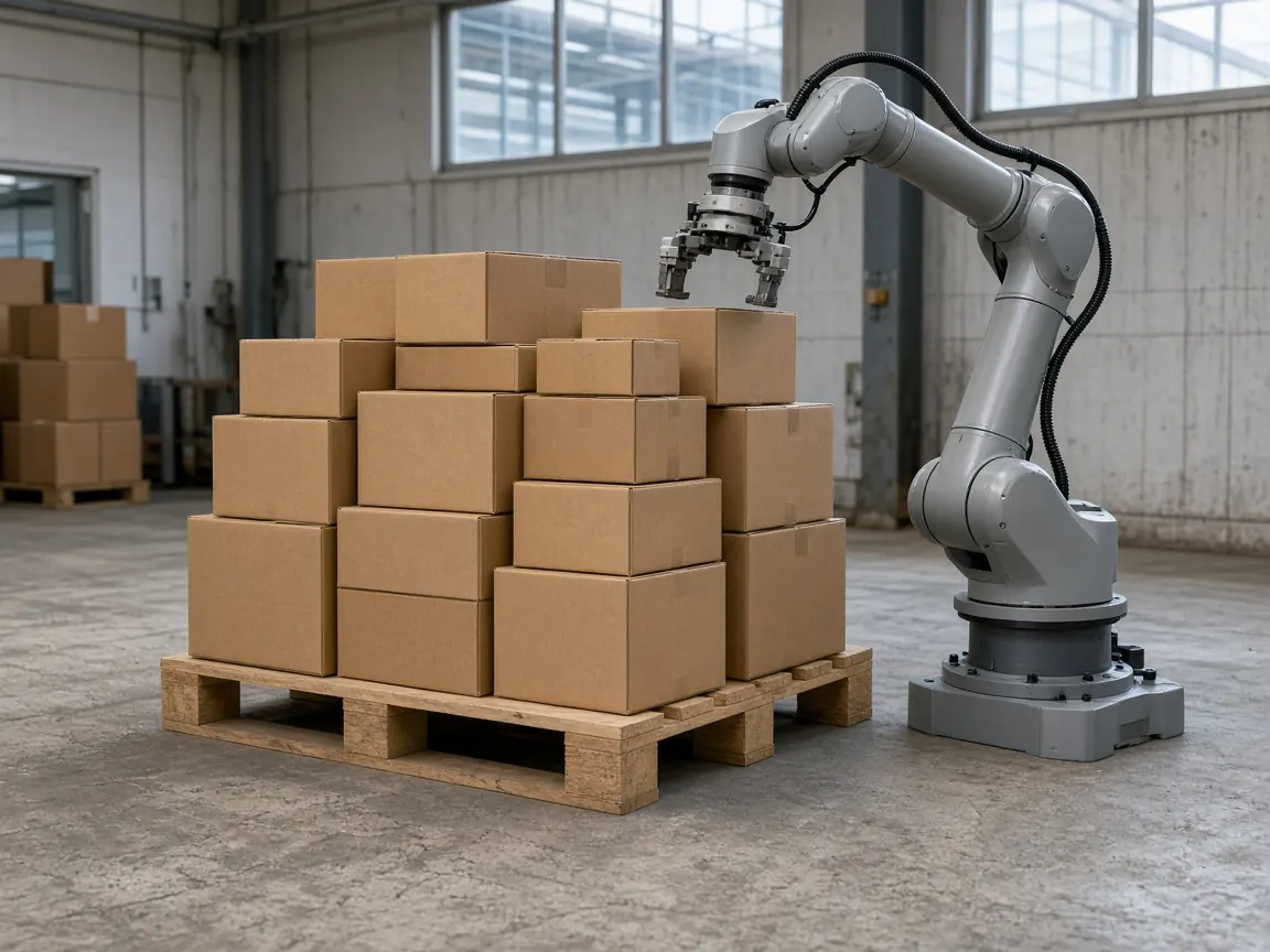 A pallet of mixed-size plain cases beside a paused robot arm.