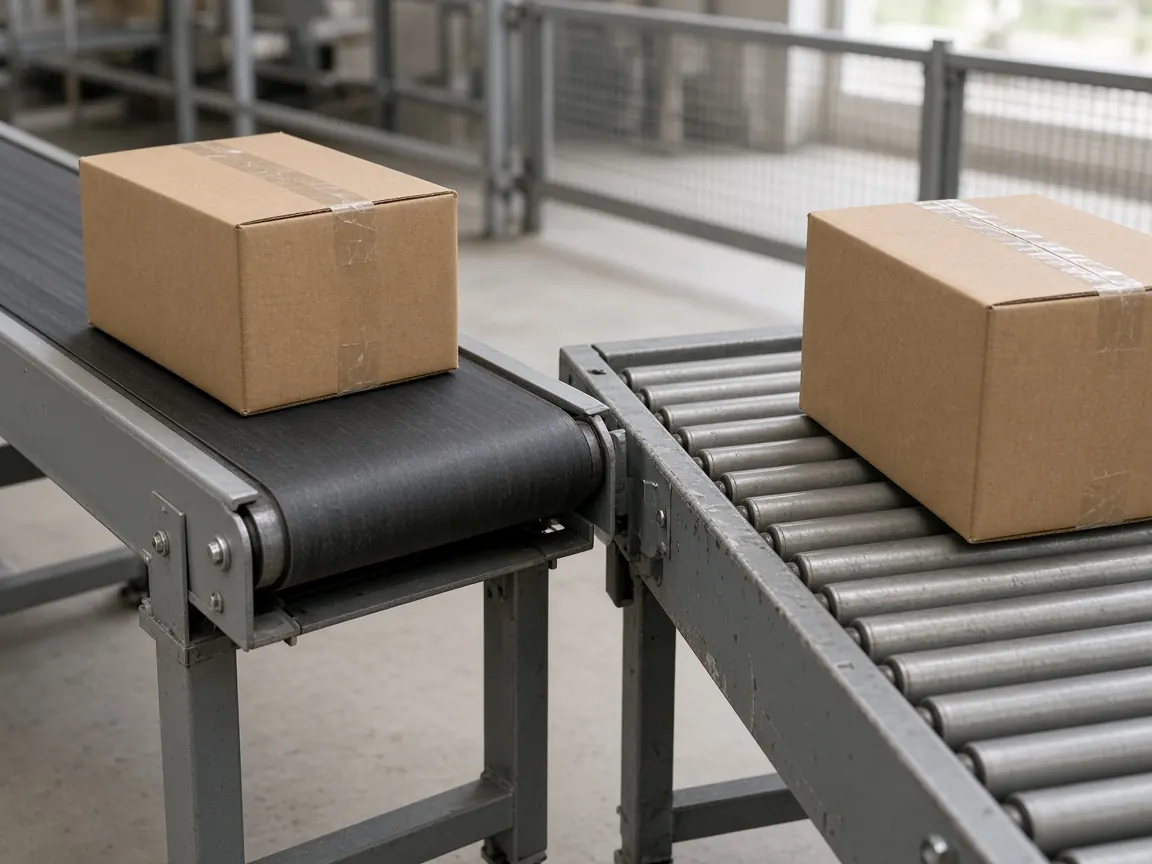 Plain cases crossing from a belt conveyor onto a roller conveyor.
