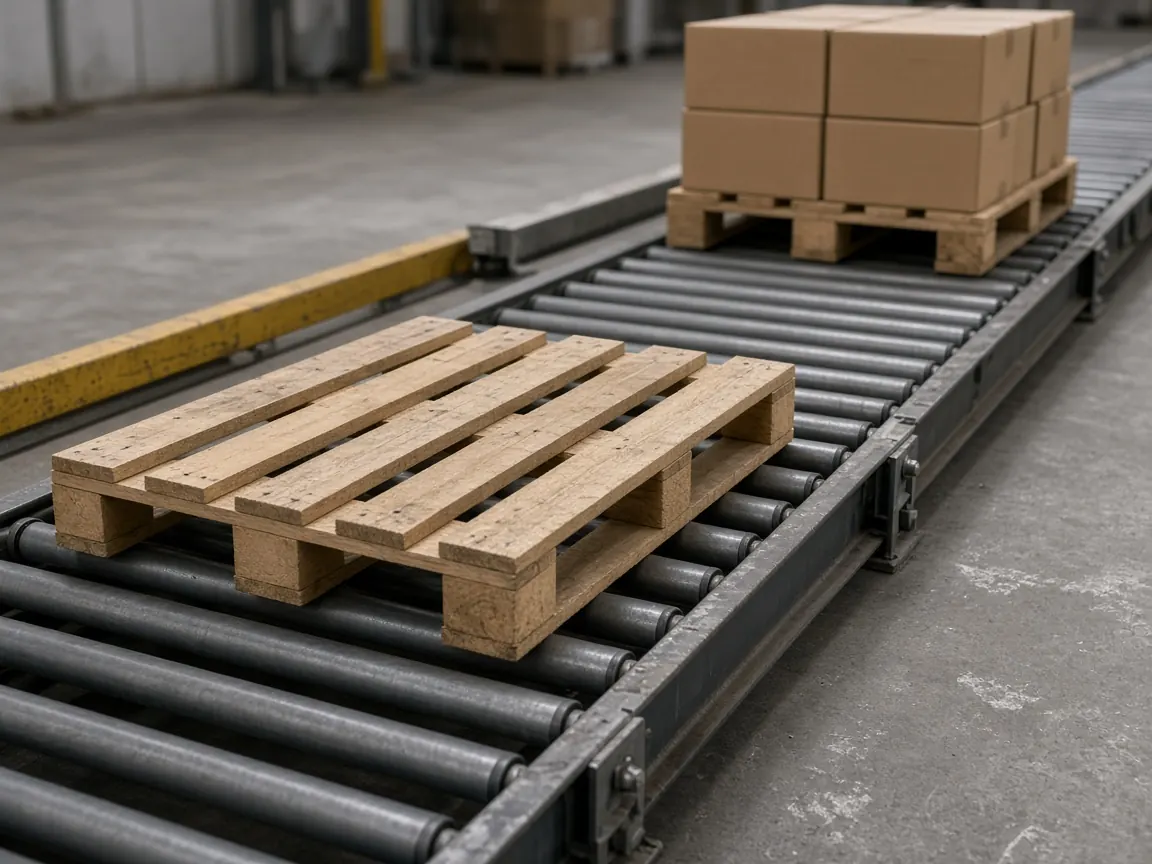 An empty wooden pallet on a roller conveyor, with a loaded pallet farther down the line.