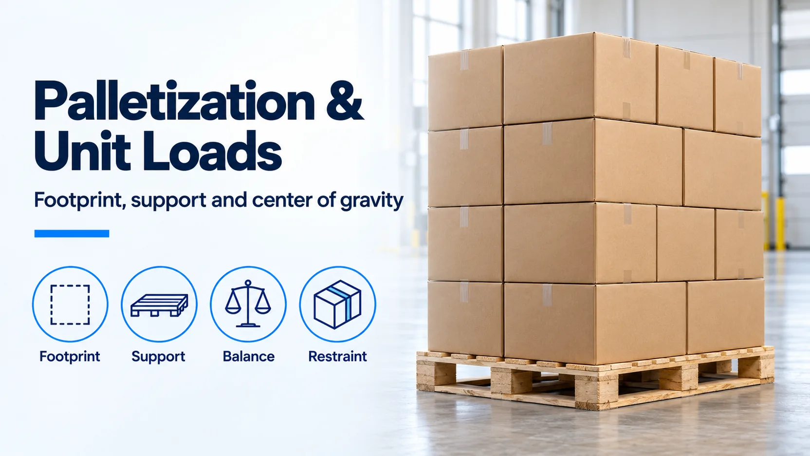 Palletization banner covering footprint, support, balance and restraint