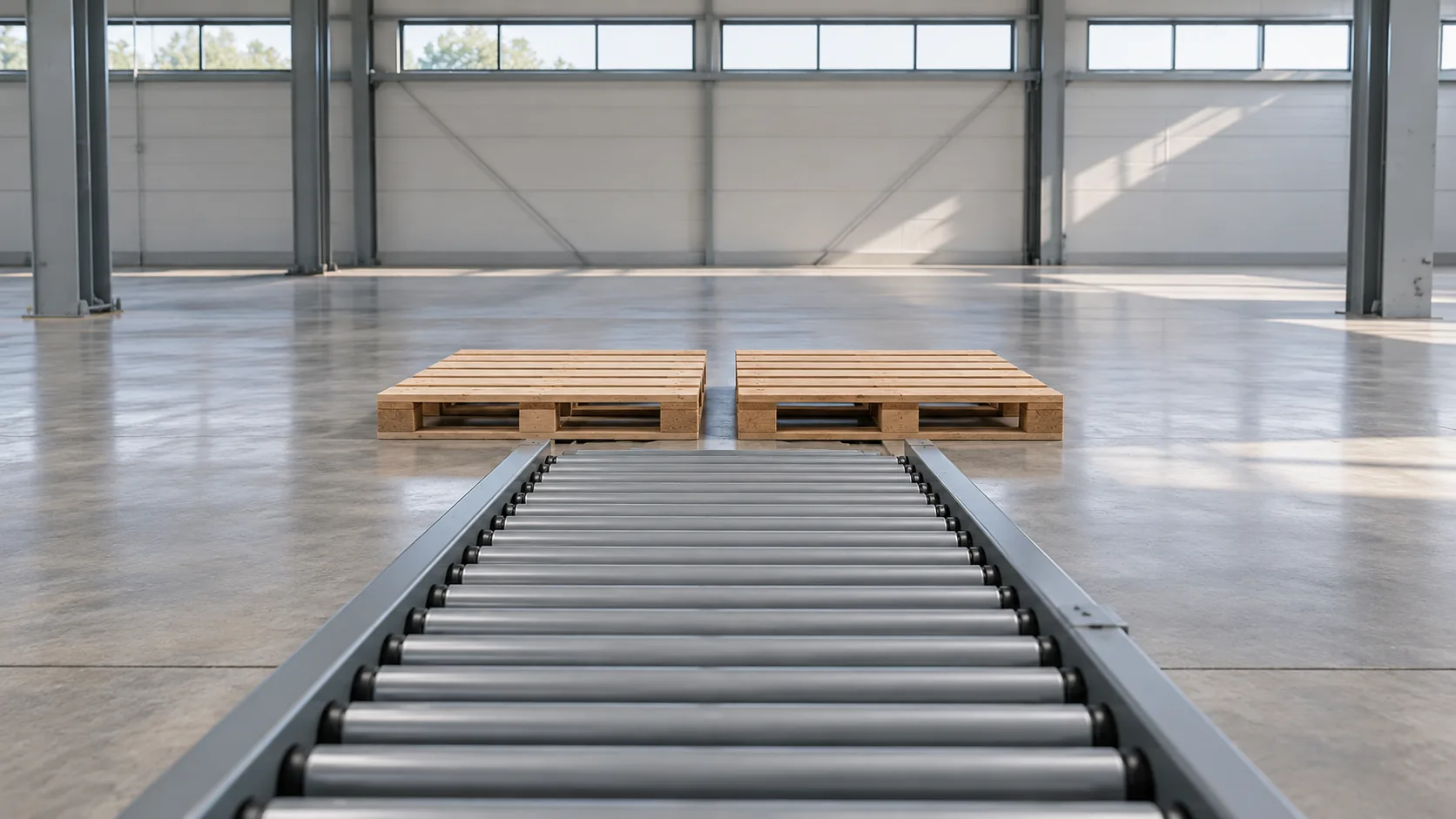 A gray roller conveyor running toward two blank wooden pallets in an empty hall.