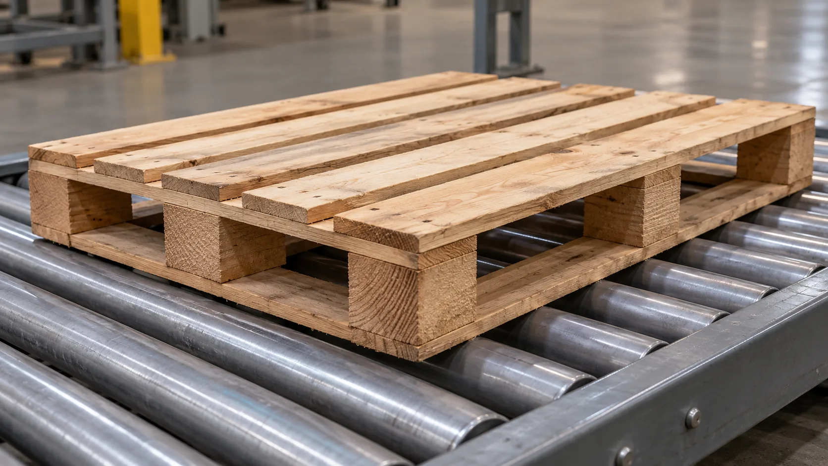 One unmarked wooden pallet on a short steel roller conveyor