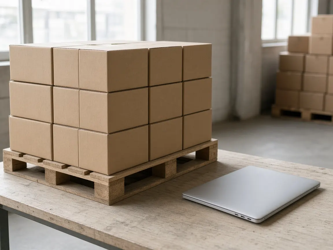 A finished pallet of plain cases beside a closed laptop.