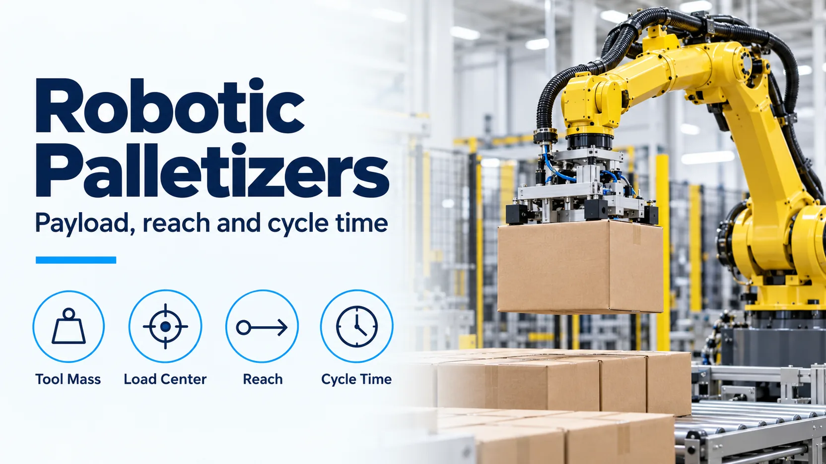 Robotic palletizer banner covering tool mass, load center, reach and cycle time