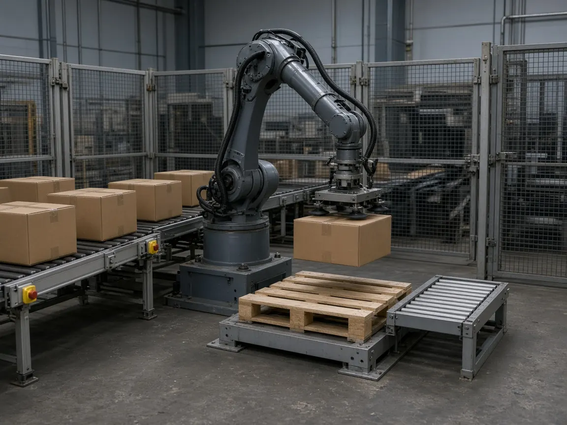 A robot lifting a plain case above an empty pallet, with cases waiting on the infeed.