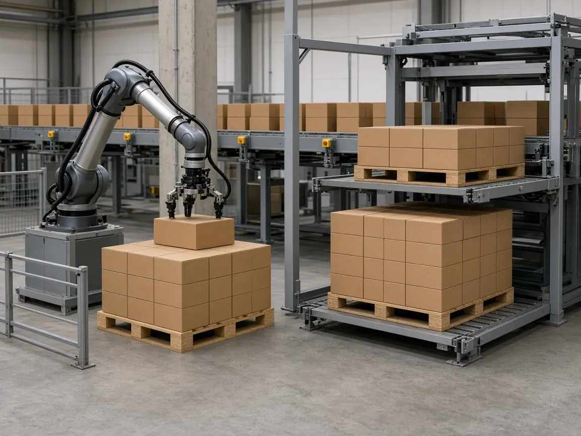 A robot placing single cases beside a layer palletizer holding full layers of cases.