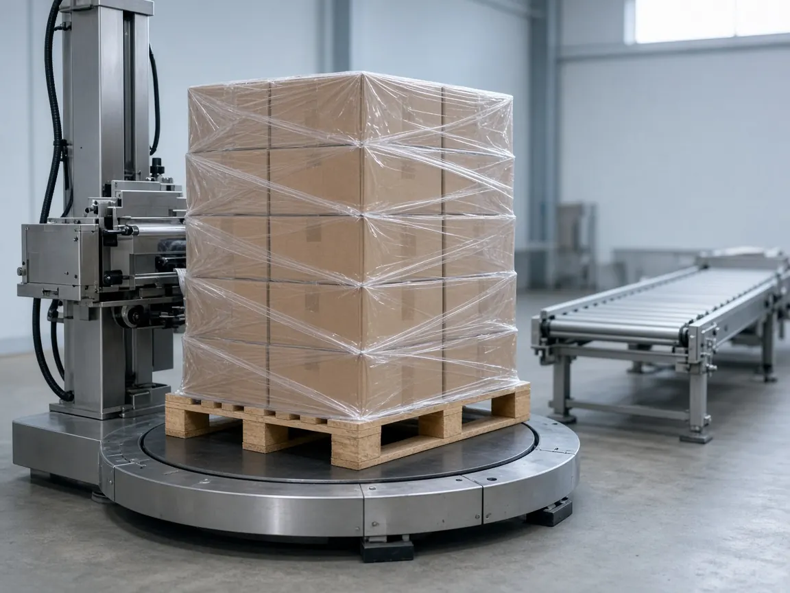 A turntable stretch wrapper winding clear film around a pallet of plain cases.