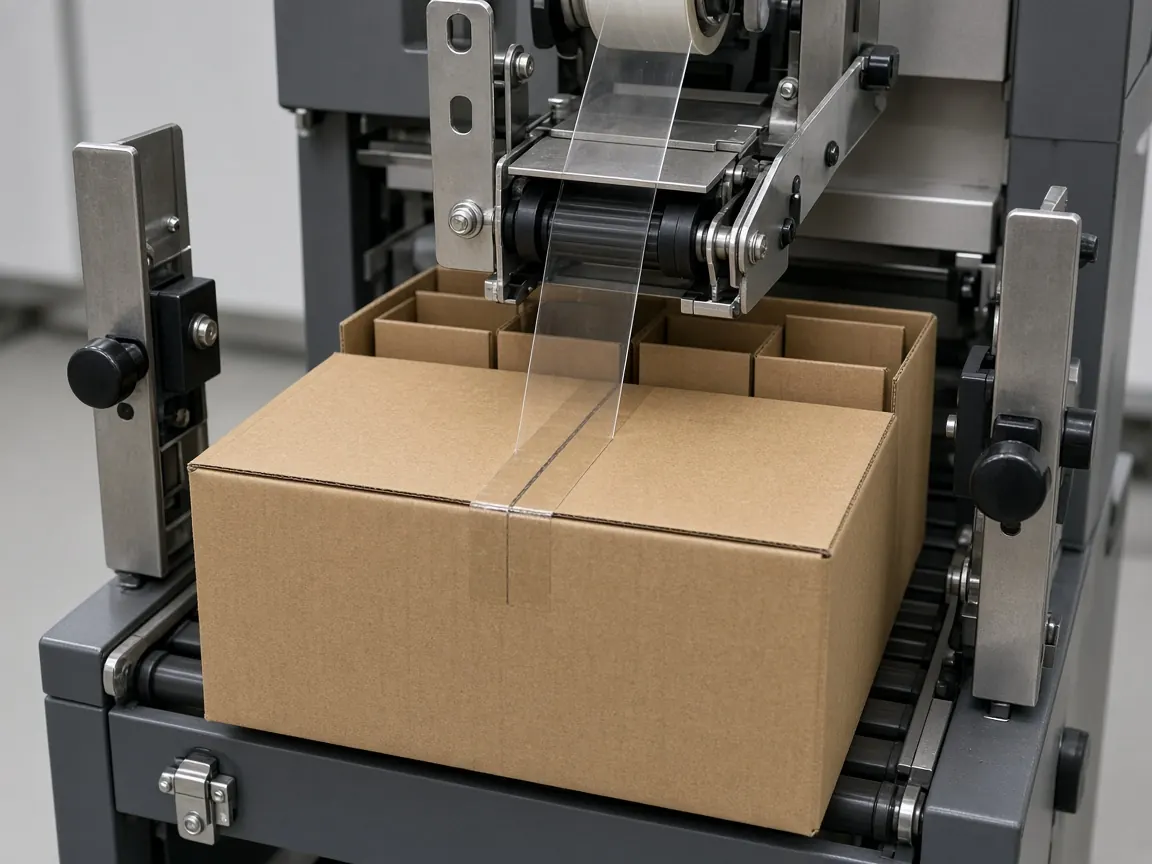 A case sealer applying clear tape along the top seam of a plain shipping case.