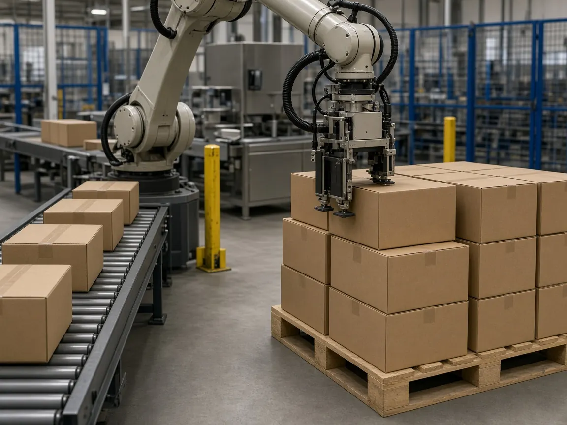 A robot setting one case onto a partly built pallet, with more cases on the infeed.