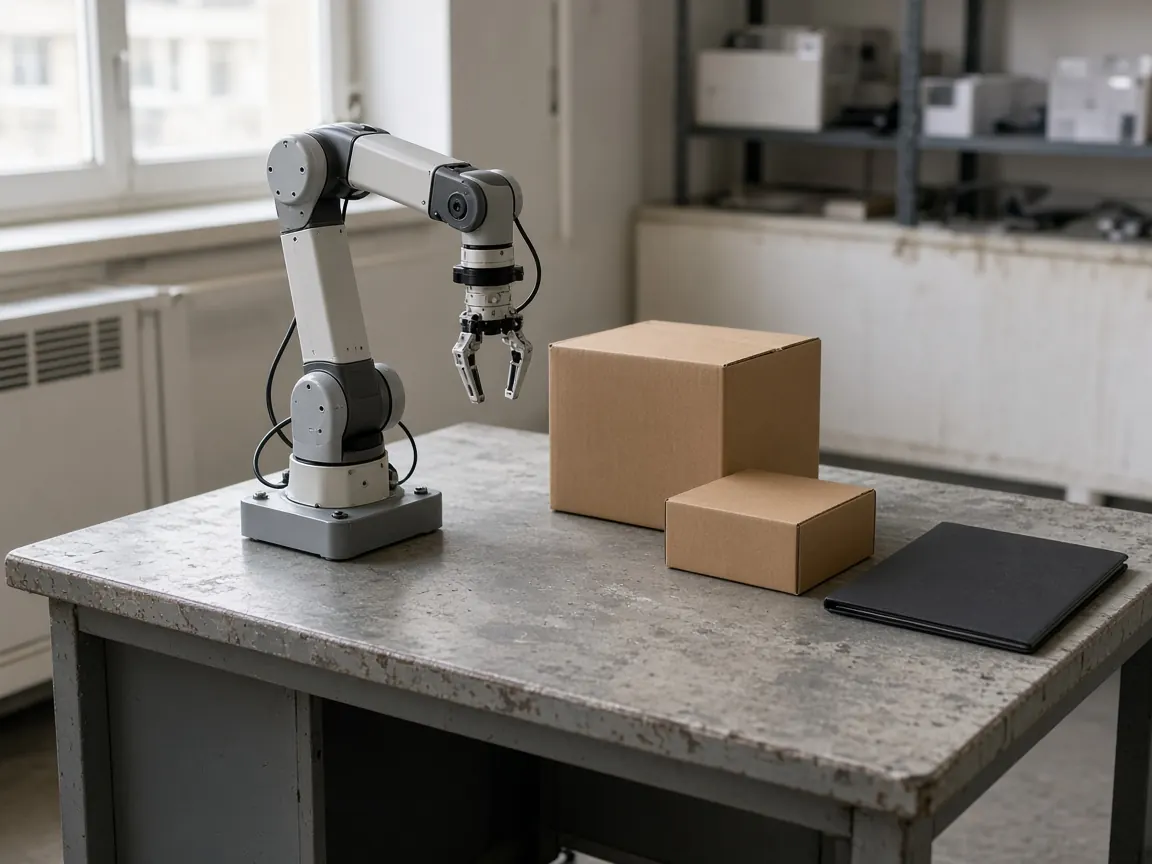 A small lab robot, two plain boxes, and a closed folder on a work table.