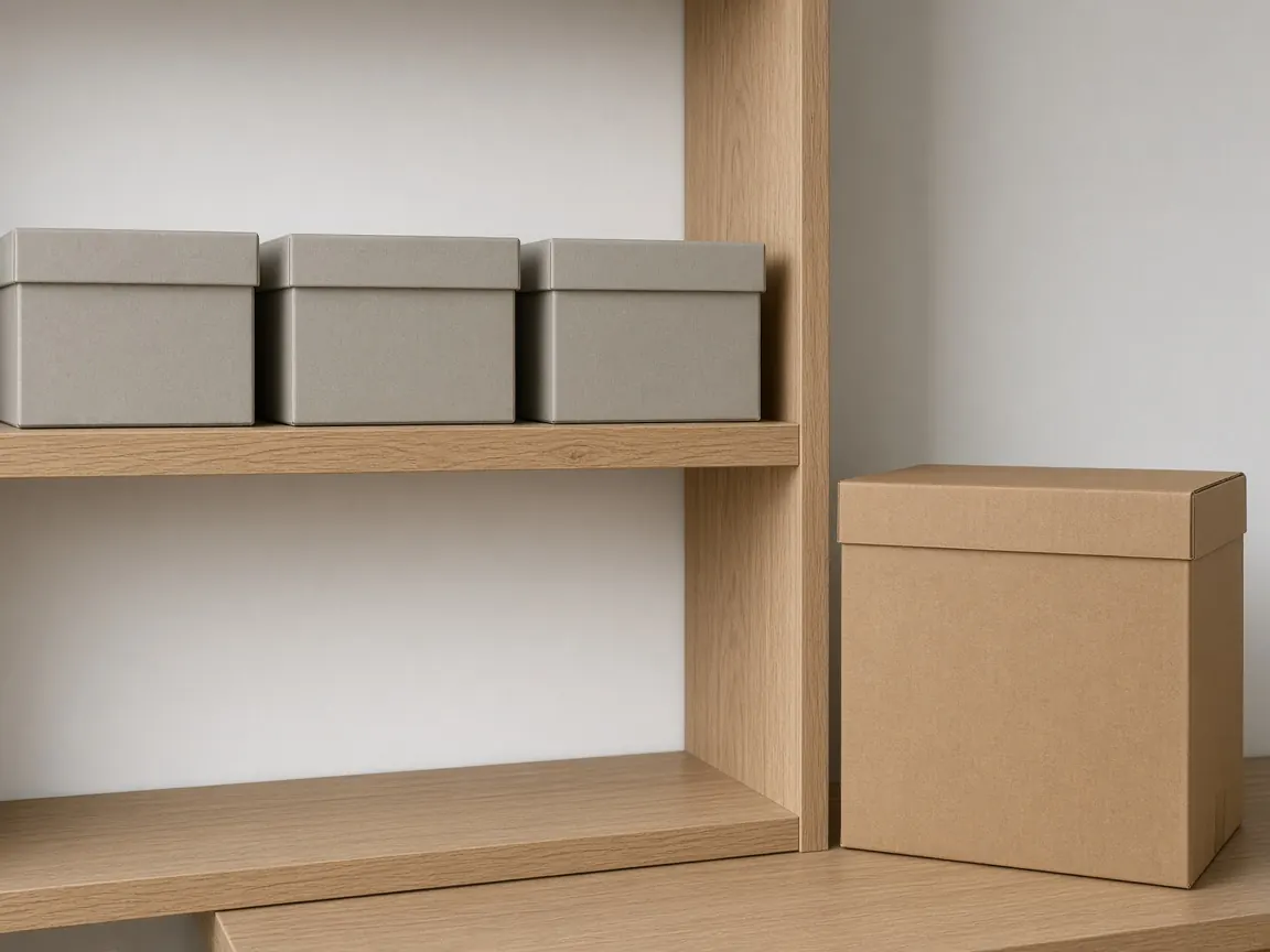Three blank archive boxes on a shelf beside one plain shipping case.